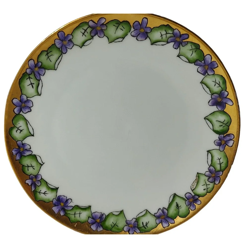 Antique PT Tirschenreuth‎ Dessert Plates Bavaria Violet Gold Trim Signed Set Two